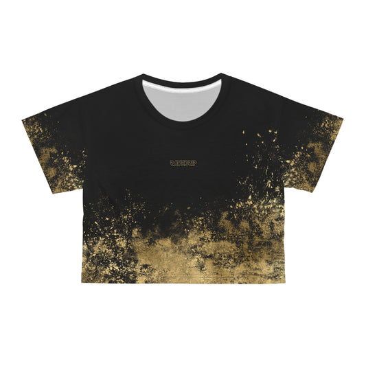 RAVEDRIP Black Crop Tee with Distressed Gold Print, Grunge Streetwear Top