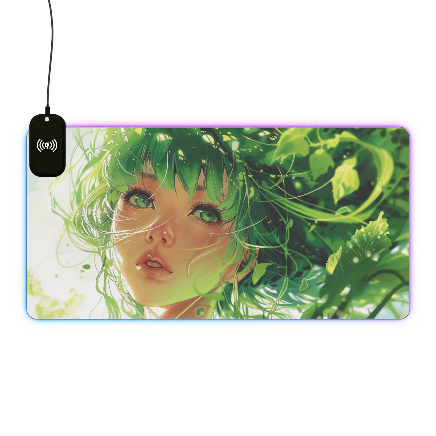 Anime Girl in Green 15W Wireless Charging LED Gaming Mouse Pad