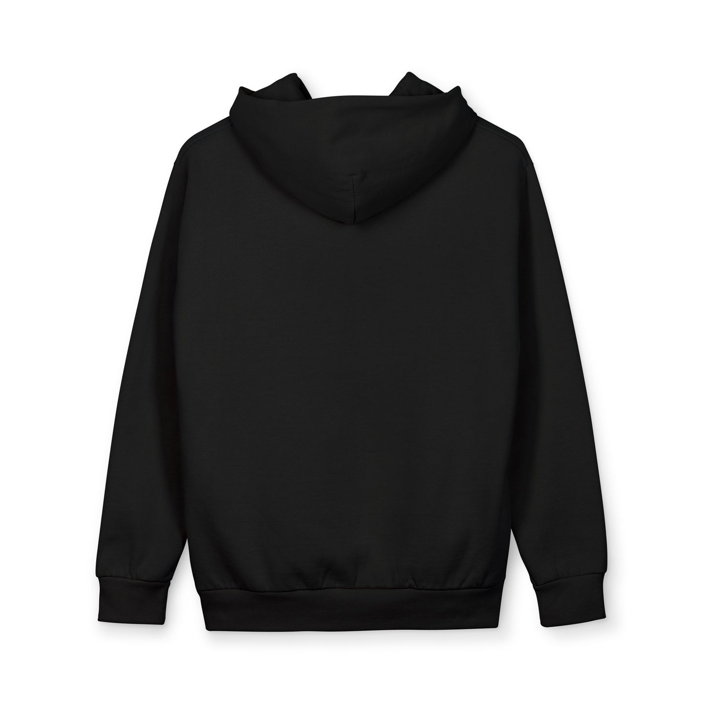 Back view flat lay mockup of the RAVEDRIP Core Relaxed heavyweight 9.4oz hoodie in Black. Displays a clean, unprinted minimal reverse side with structural dropped shoulders, premium mid-heavyweight cotton fleece texture, and a thick ribbed waistband.