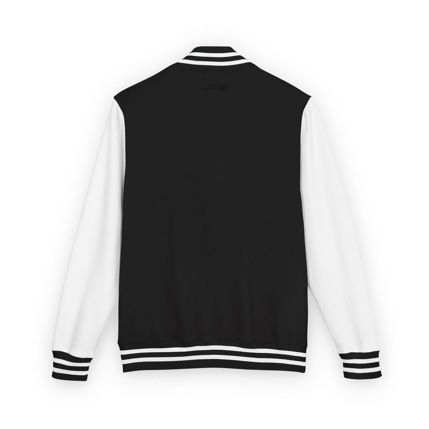 Back view flat lay of the RAVEDRIP monochrome varsity jacket showing clean structure and high-gauge ribbed trims.