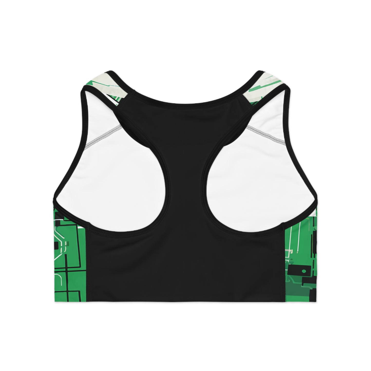 Back view of Emerald Futuristic Girl sports bra showing racerback design and moisture-wicking performance fabric