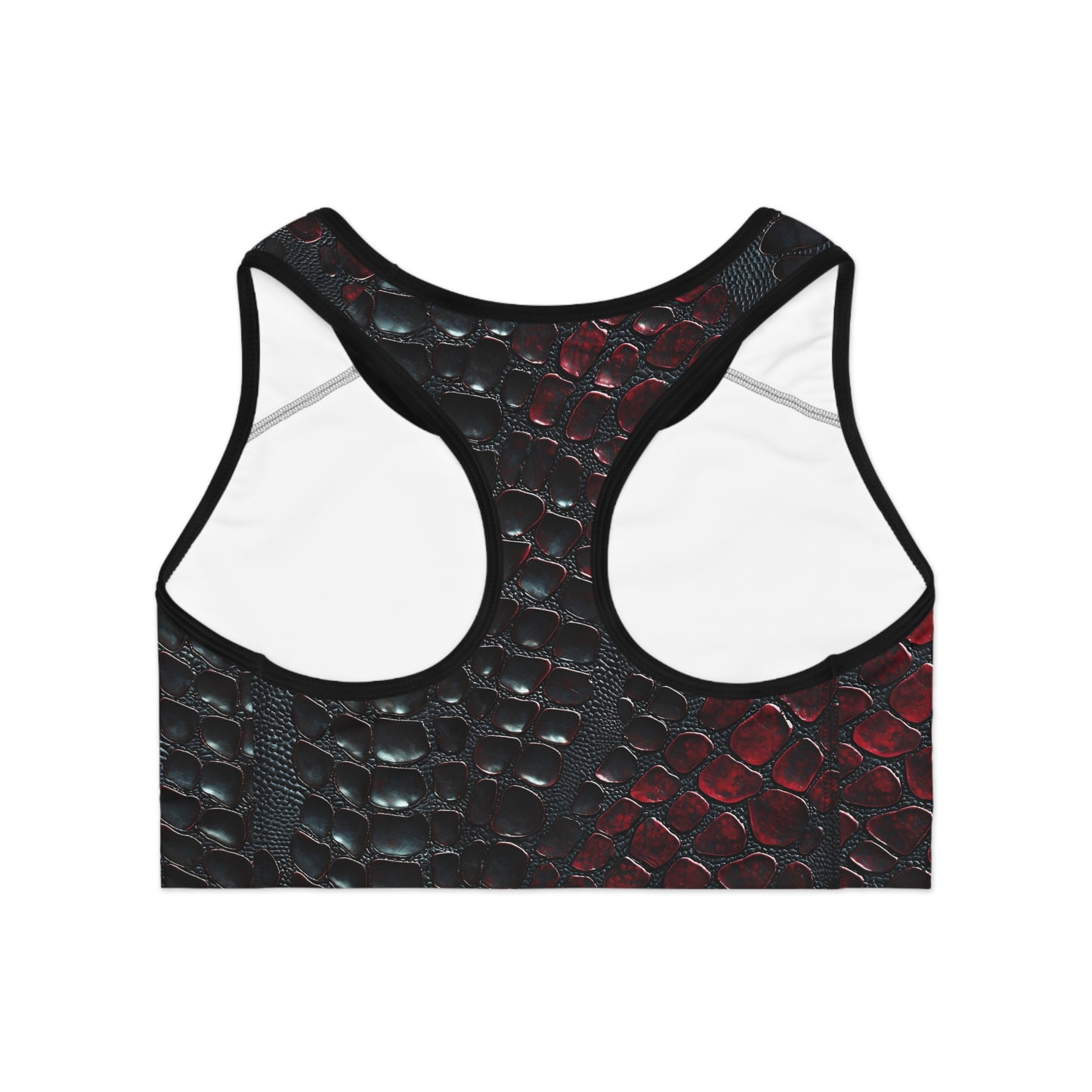 Back view of black and red snake print sports bra with racerback cut and moisture-wicking performance fabric