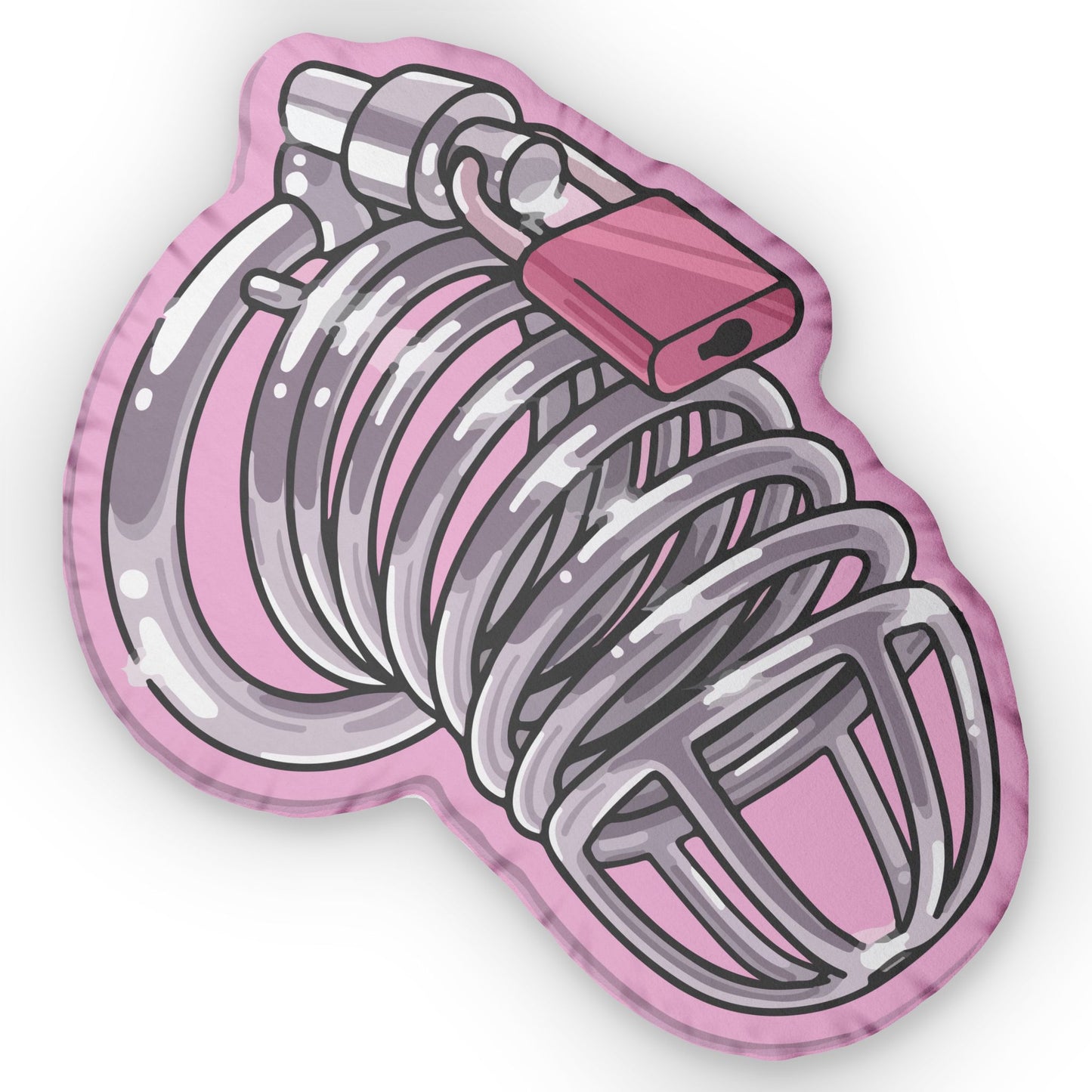 Back view of chastity cage pillow showing mirrored design and smooth plush texture