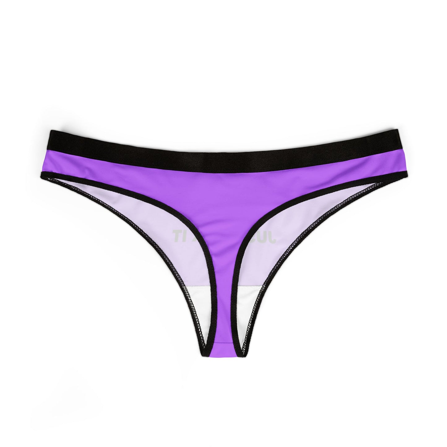 Back view of cheeky slogan thong with wide elastic waistband and bold black and white design