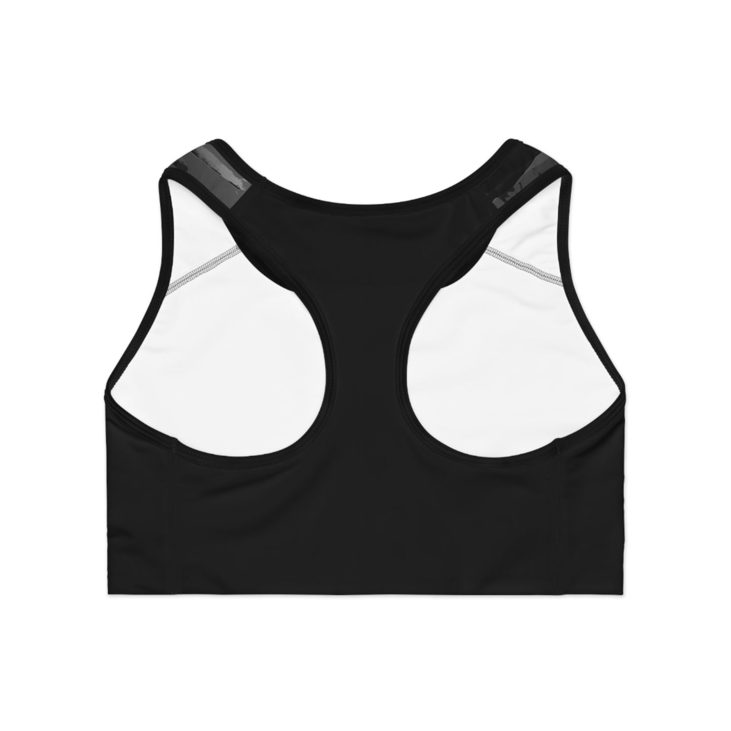 Back view of geisha print sports bra in monochrome, featuring racerback cut and breathable moisture-wicking fabric