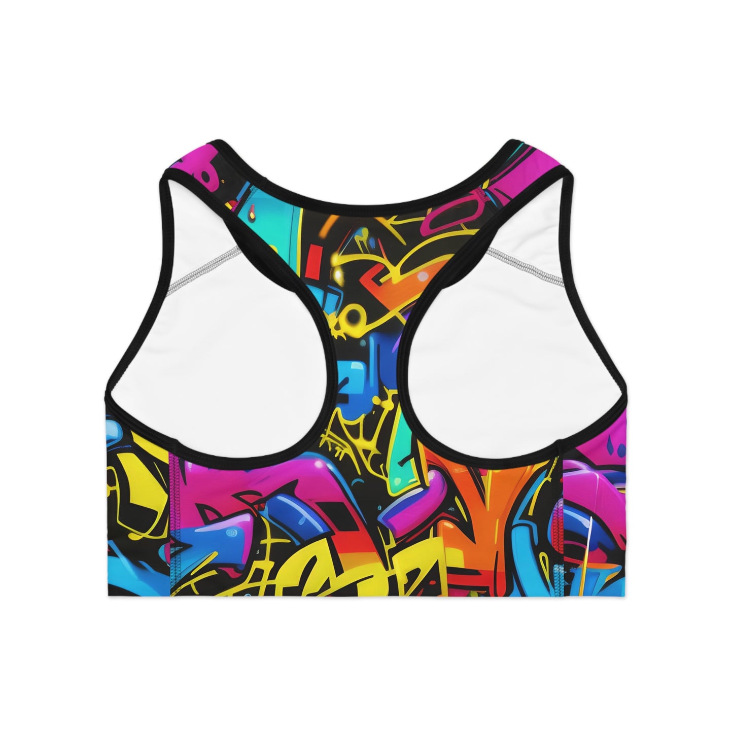 Back view of graffiti pattern sports bra featuring racerback style and moisture-wicking athletic fabric