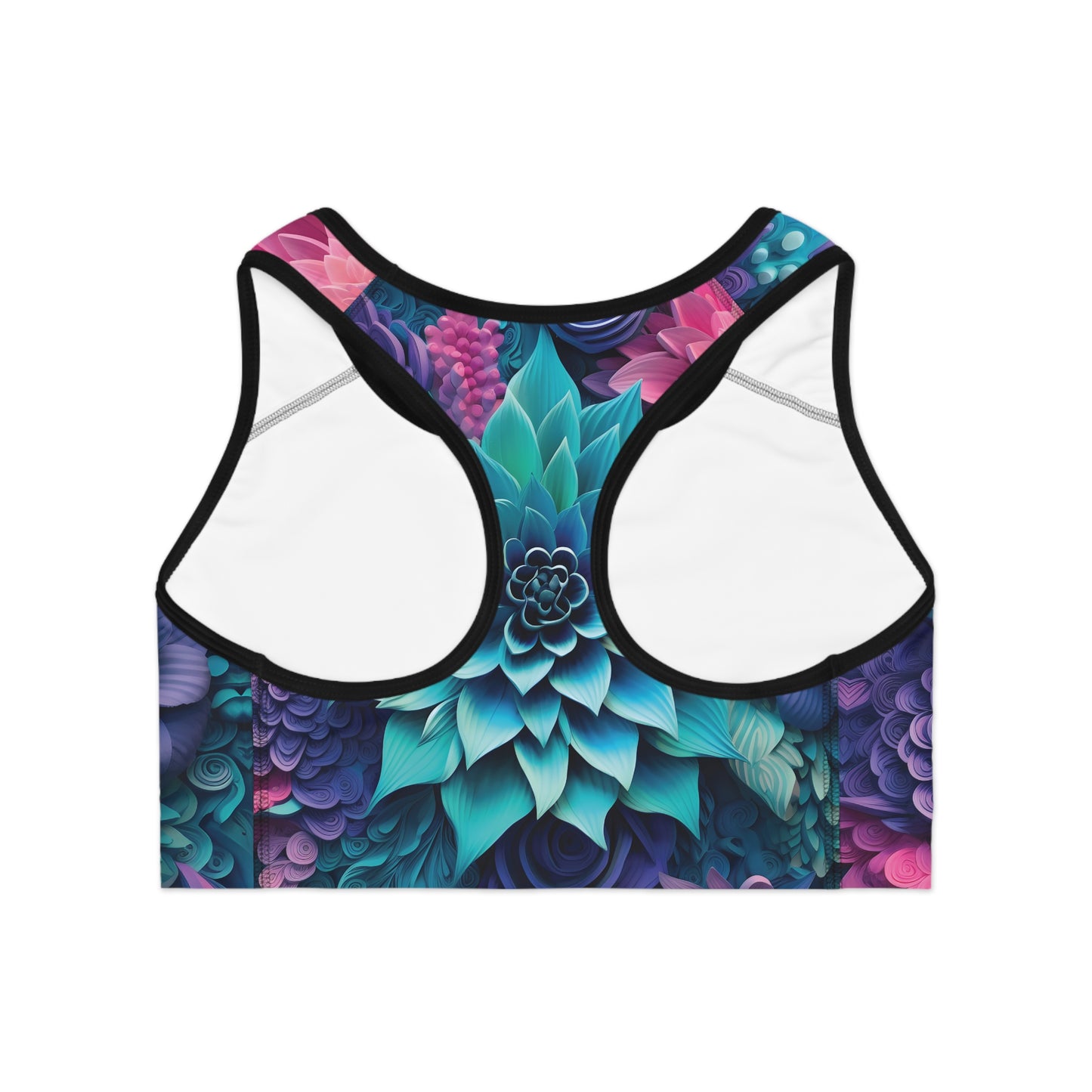 Back view of lotus print sports bra showing racerback cut and breathable moisture-wicking fabric