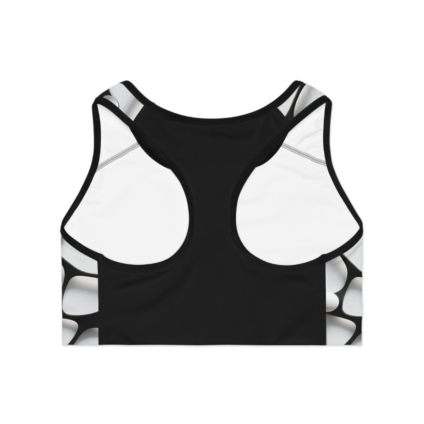 Back view of minimalist sports bra in black and white 3D print featuring racerback cut and double-layer support