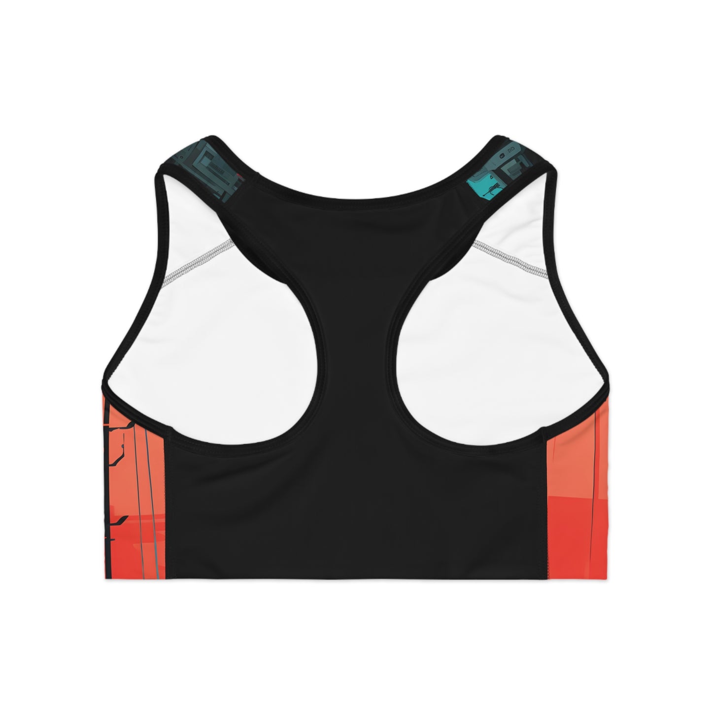 Back view of orange and blue futuristic girl sports bra showing racerback cut and sweat-wicking fabric