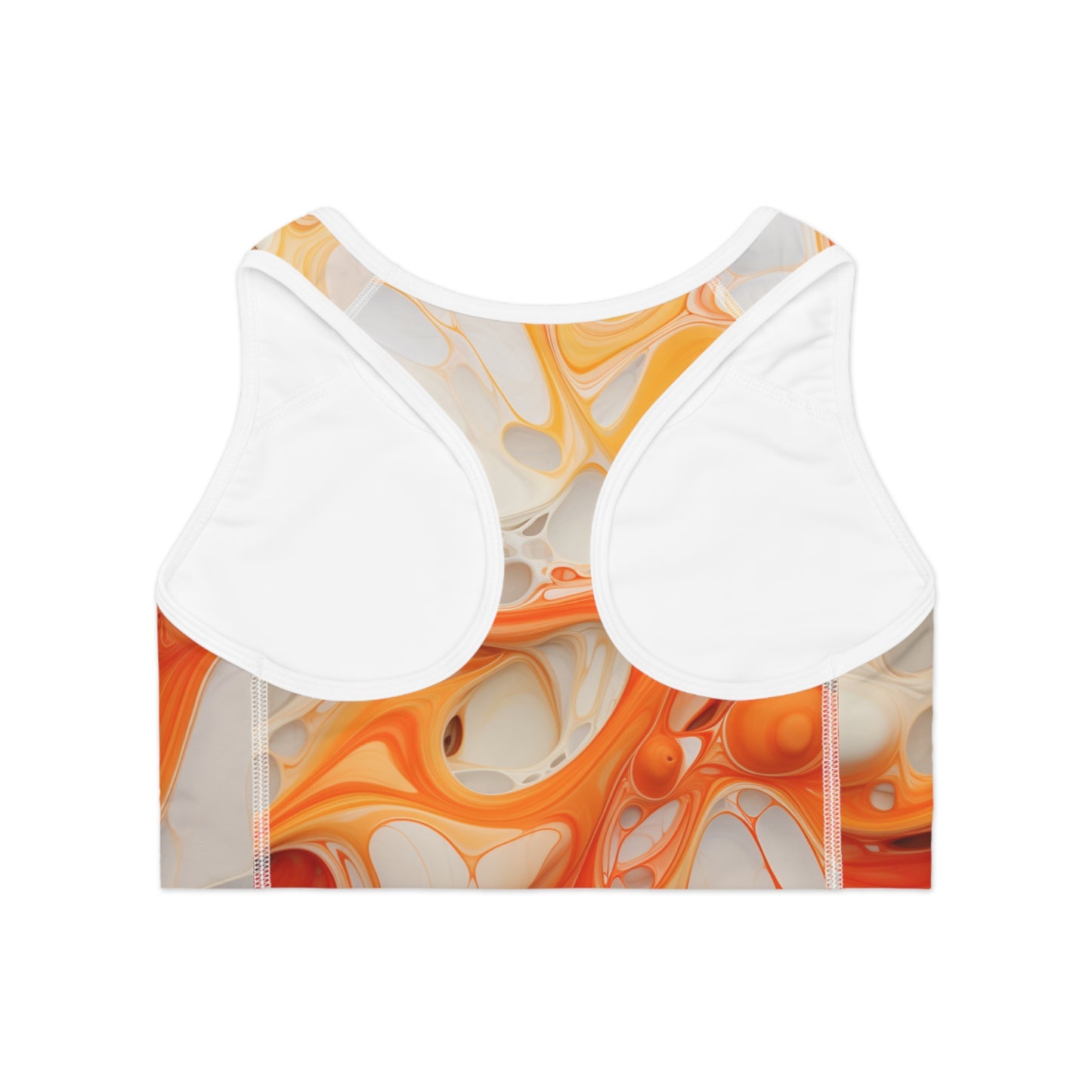 Back view of orange marble sports bra showcasing racerback design and moisture-wicking compression fabric