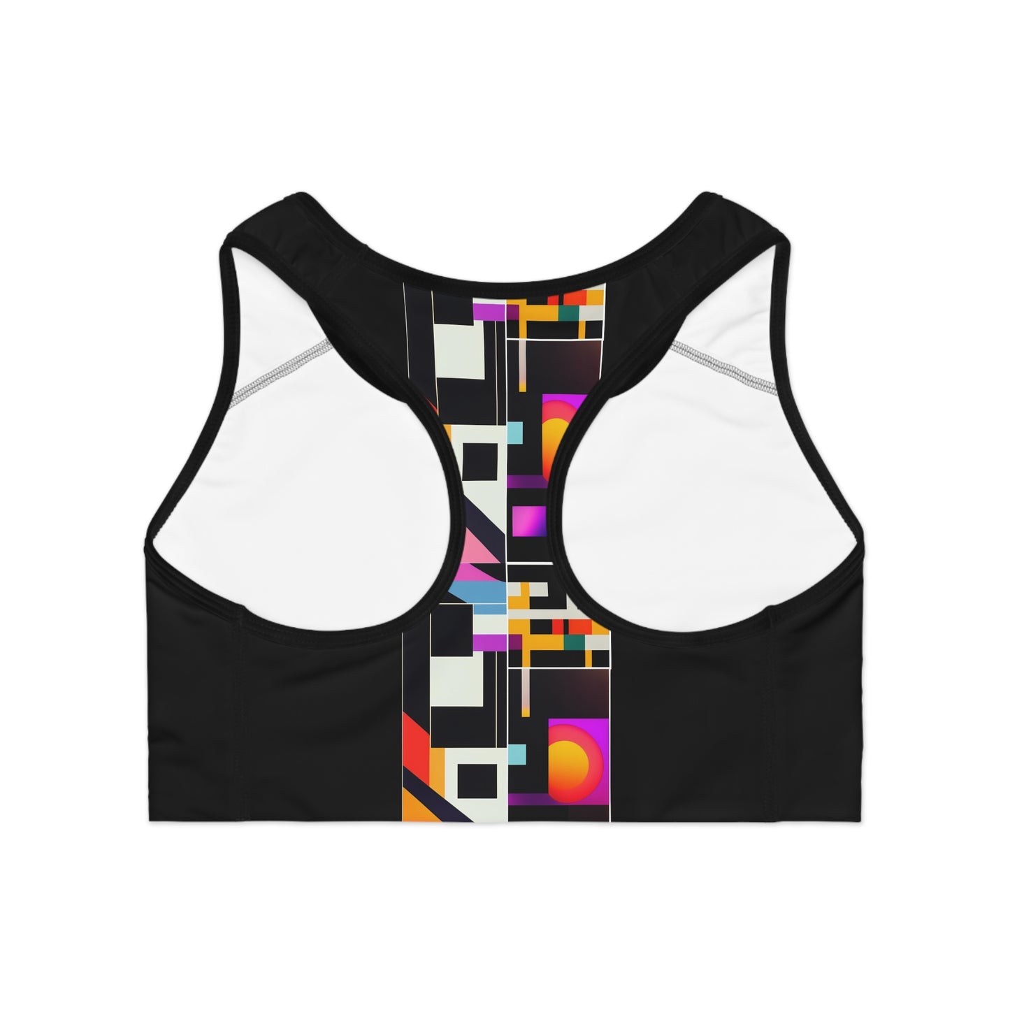 Back view of retrofuturistic print sports bra showing racerback design and breathable performance fabric