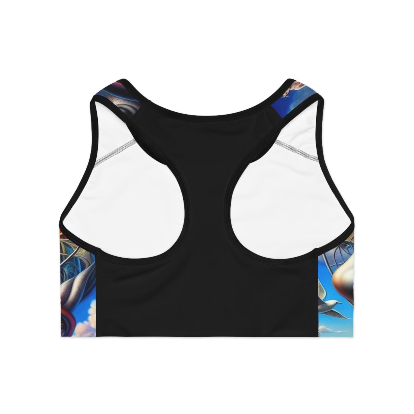 Back view of surreal print sports bra showing racerback style and moisture-wicking performance fabric