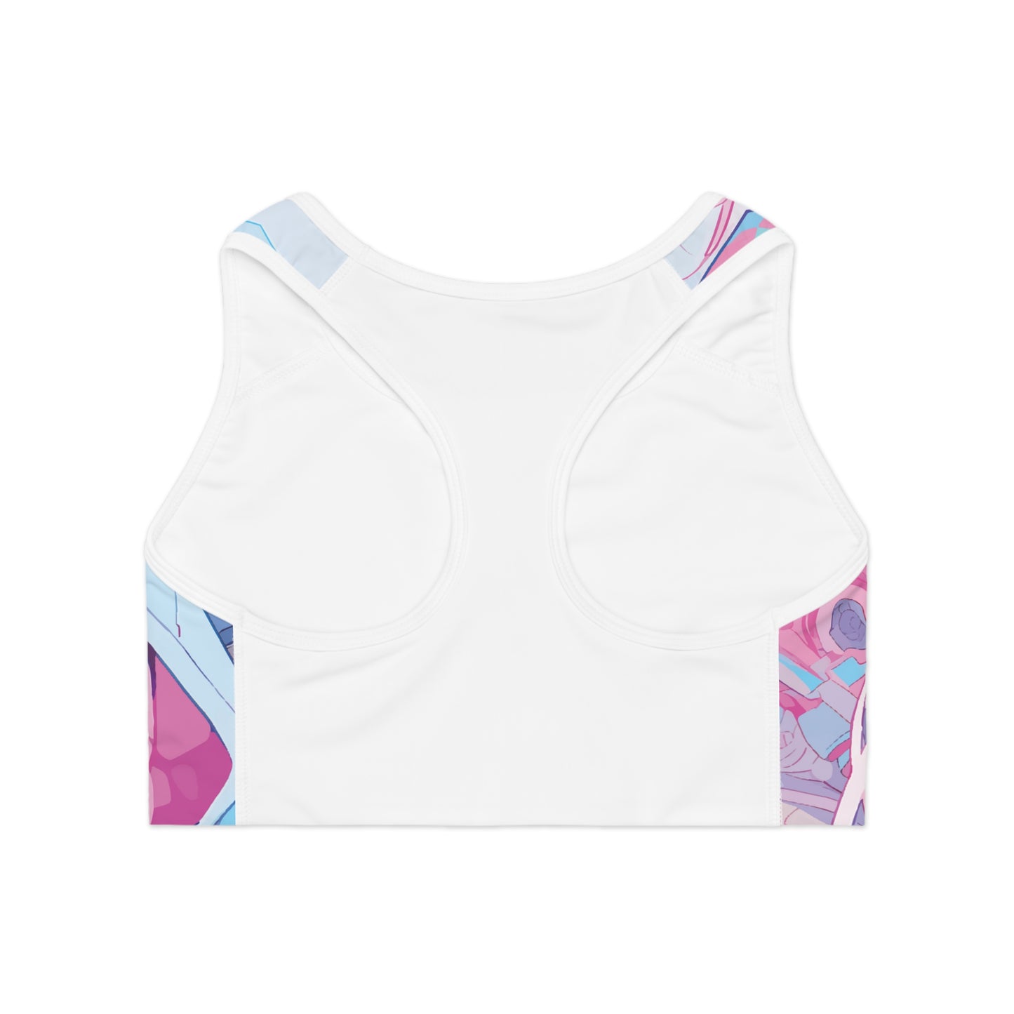 Back view of the Futuristic Anime Girl Sports Bra laid flat — detailed print design with classic racerback shape and smooth stitching