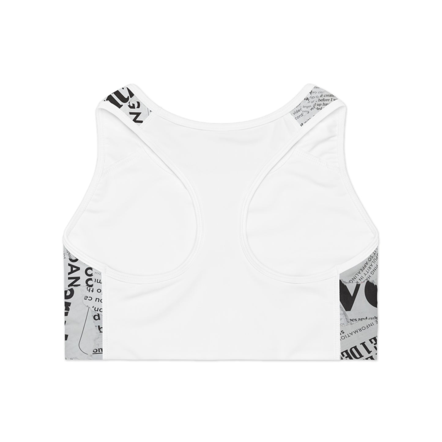 Back view of white magazine print sports bra with racerback design and breathable moisture-wicking fabric