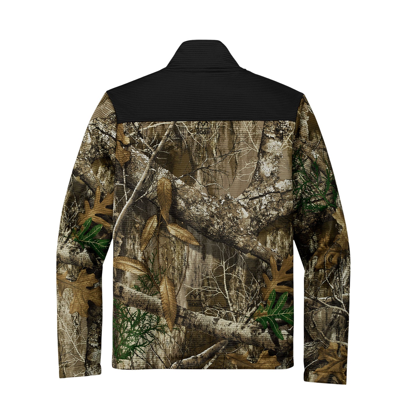 Camouflage jacket with black collar on a white background