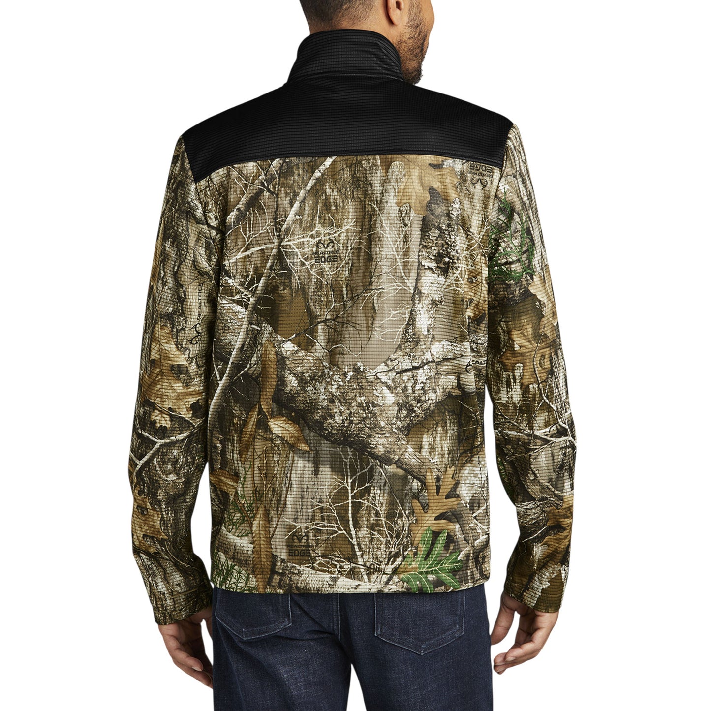 Camouflage jacket with black collar on a white background - on a model
