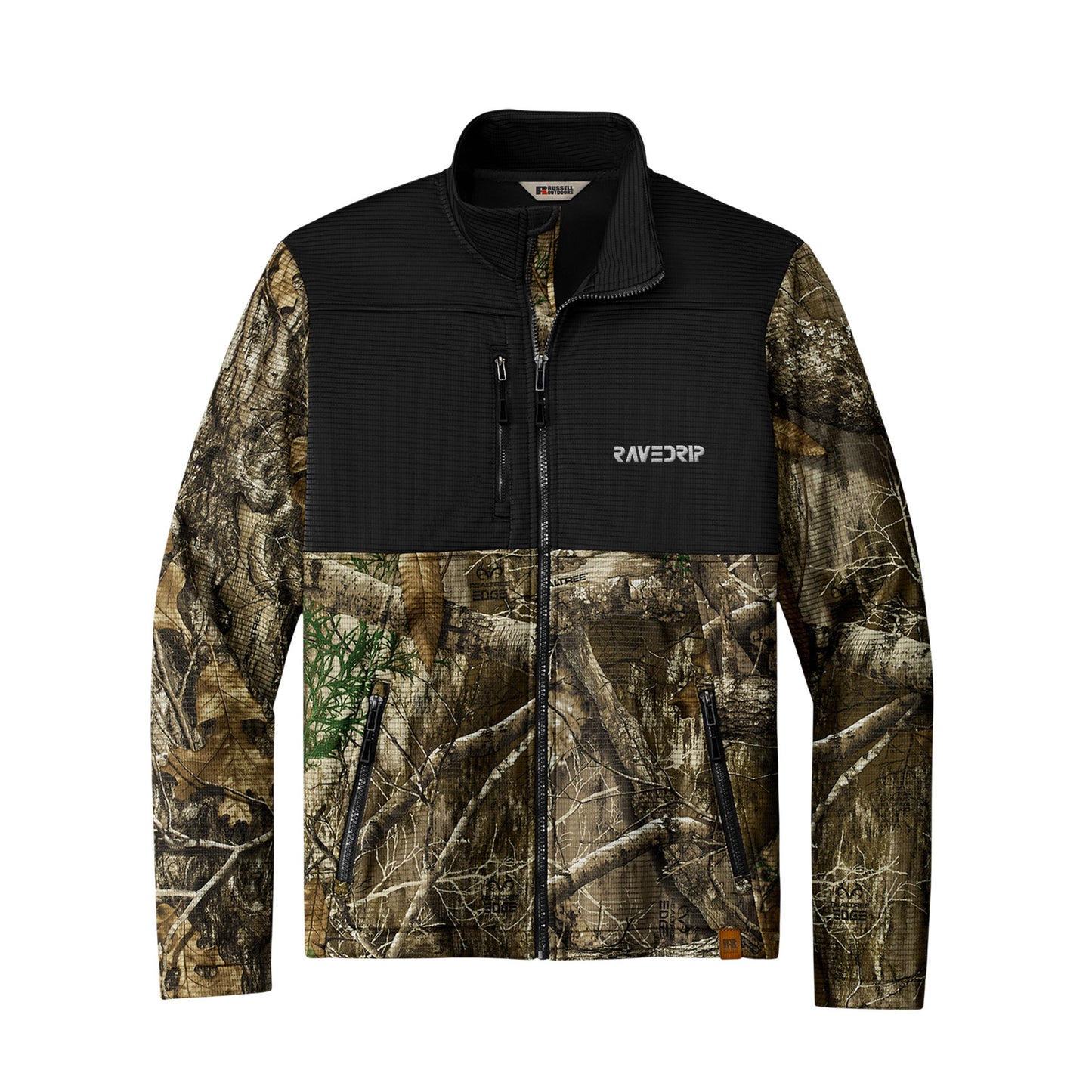 Camouflage jacket with black front panel on a white background