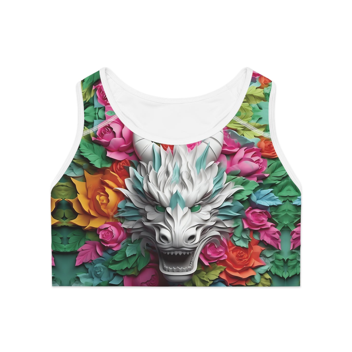 Flat front view of 3D white dragon sports bra with all-over mythic dragon print and strong compression band
