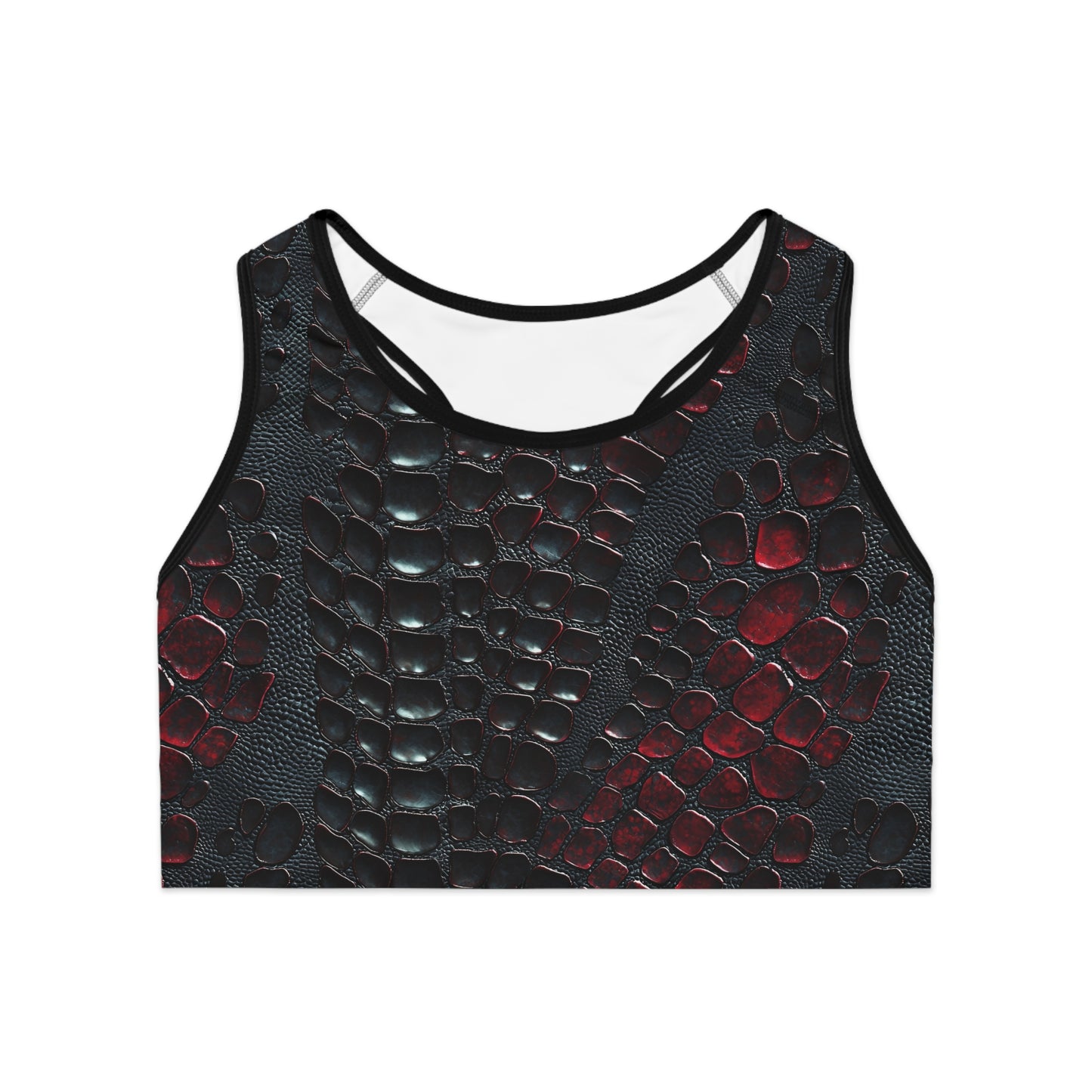 Flat front view of snake pattern sports bra in black and red with bold all-over print and wide compression band