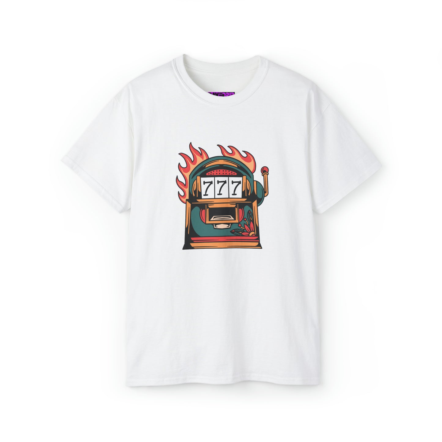 Flat lay of Jackpot 777 cotton graphic t-shirt with vintage-inspired design, ideal for casual and bold streetwear looks.
