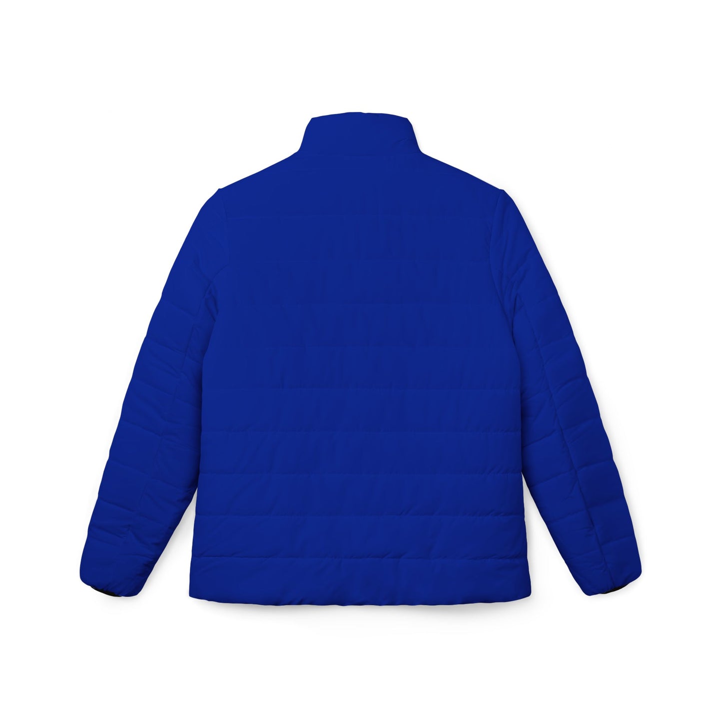 Flat lay product photography of the RAVEDRIP Cobalt Blue Light Puffer Jacket back view, highlighting the minimalist solid blue design and clean stitched paneling on a white background.