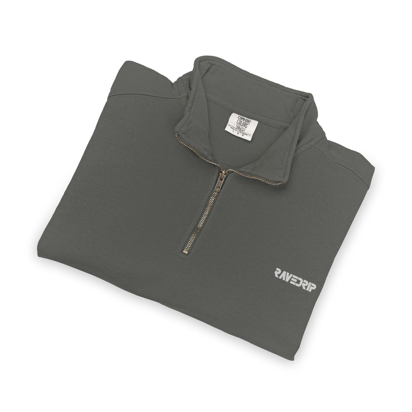 Folded flat lay display of the RAVEDRIP premium pepper charcoal quarter-zip sweatshirt, highlighting the thick heavy-knit cotton fleece texture and metallic zipper detail on a solid white background.
