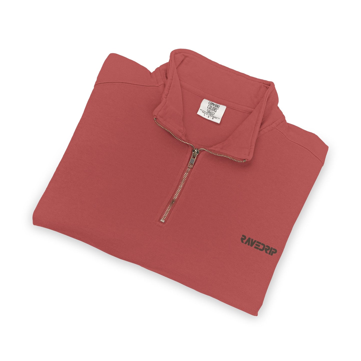 Folded flat lay of the RAVEDRIP garment-dyed crimson quarter-zip sweatshirt highlighting the premium heavyweight texture.