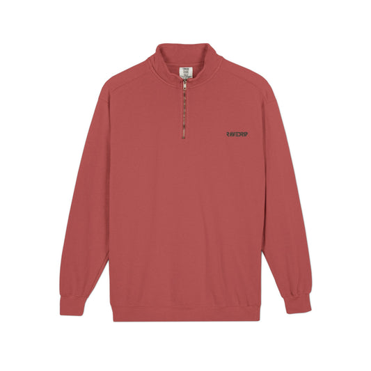 Front view flat lay of the RAVEDRIP heavyweight quarter-zip sweatshirt in crimson featuring the muted grey chest logo.