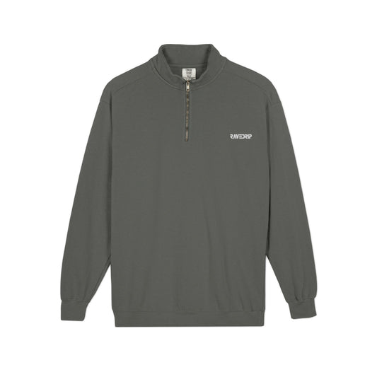 Front view flat lay of the RAVEDRIP heavyweight quarter-zip sweatshirt in vintage wash pepper charcoal featuring minimal chest embroidery on a pure white background.