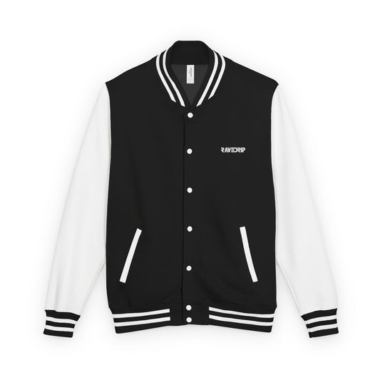 Front view flat lay of the RAVEDRIP heavyweight varsity jacket in black and white with premium snap buttons.