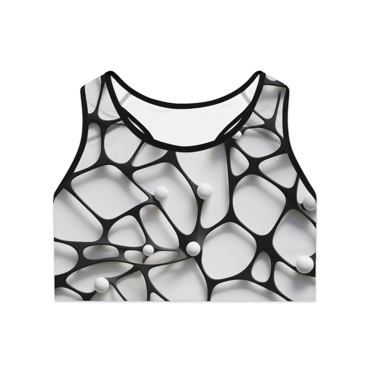 Front view of 3D black and white minimalist sports bra laid flat with geometric print and compression fit