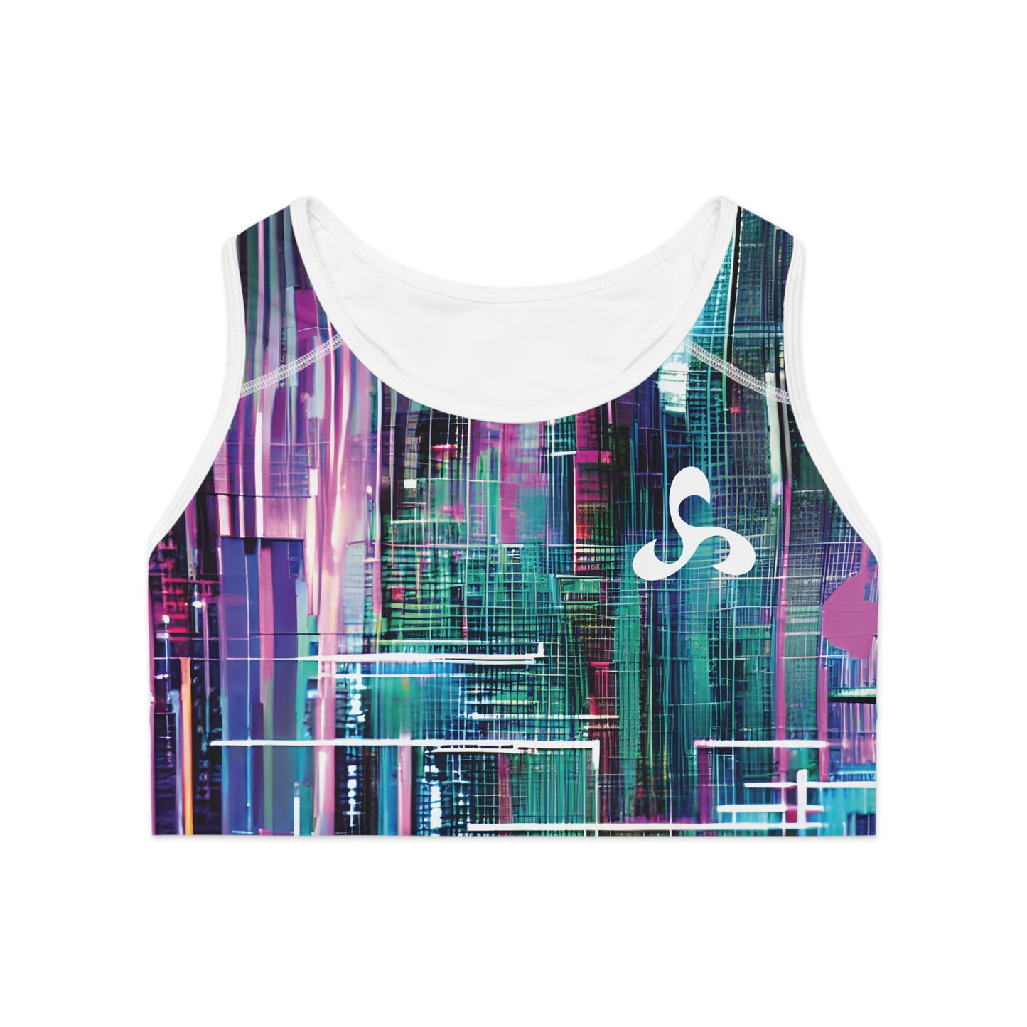 Front view of colorful futuristic sports bra with vibrant all-over digital print and compression support band