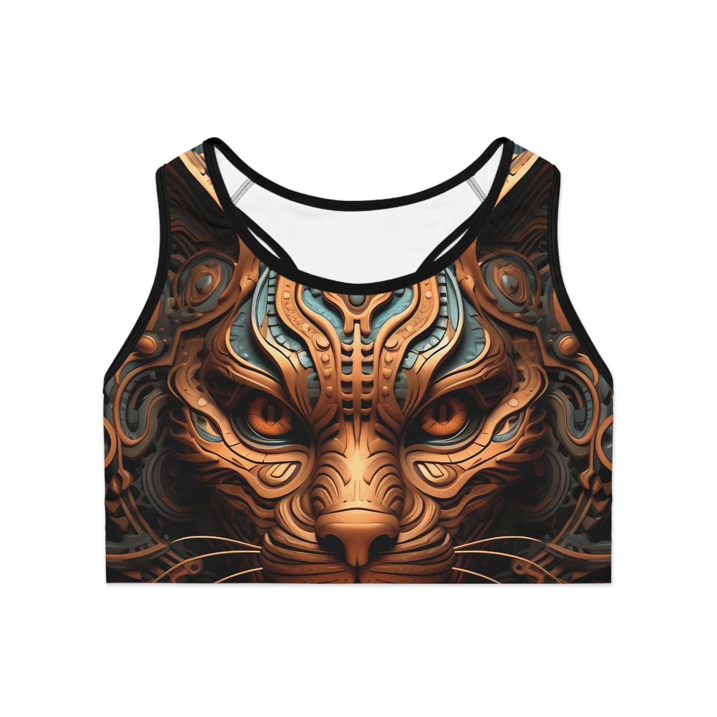 Front view of the 3D Psychedelic Cat Sports Bra with vibrant psychedelic cat design on moisture-wicking fabric.