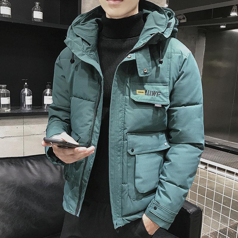 Men’s Dark Green Thickened Hooded Cotton Jacket – Warm Winter Streetwear - Front