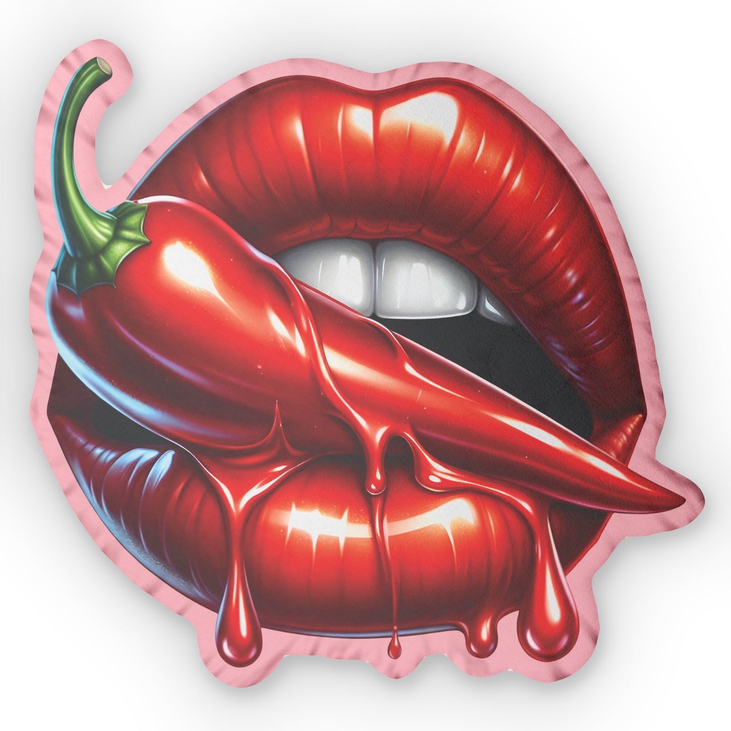 Mirrored back of pepper lips-shaped pillow showing red plush fabric and white zipper closure