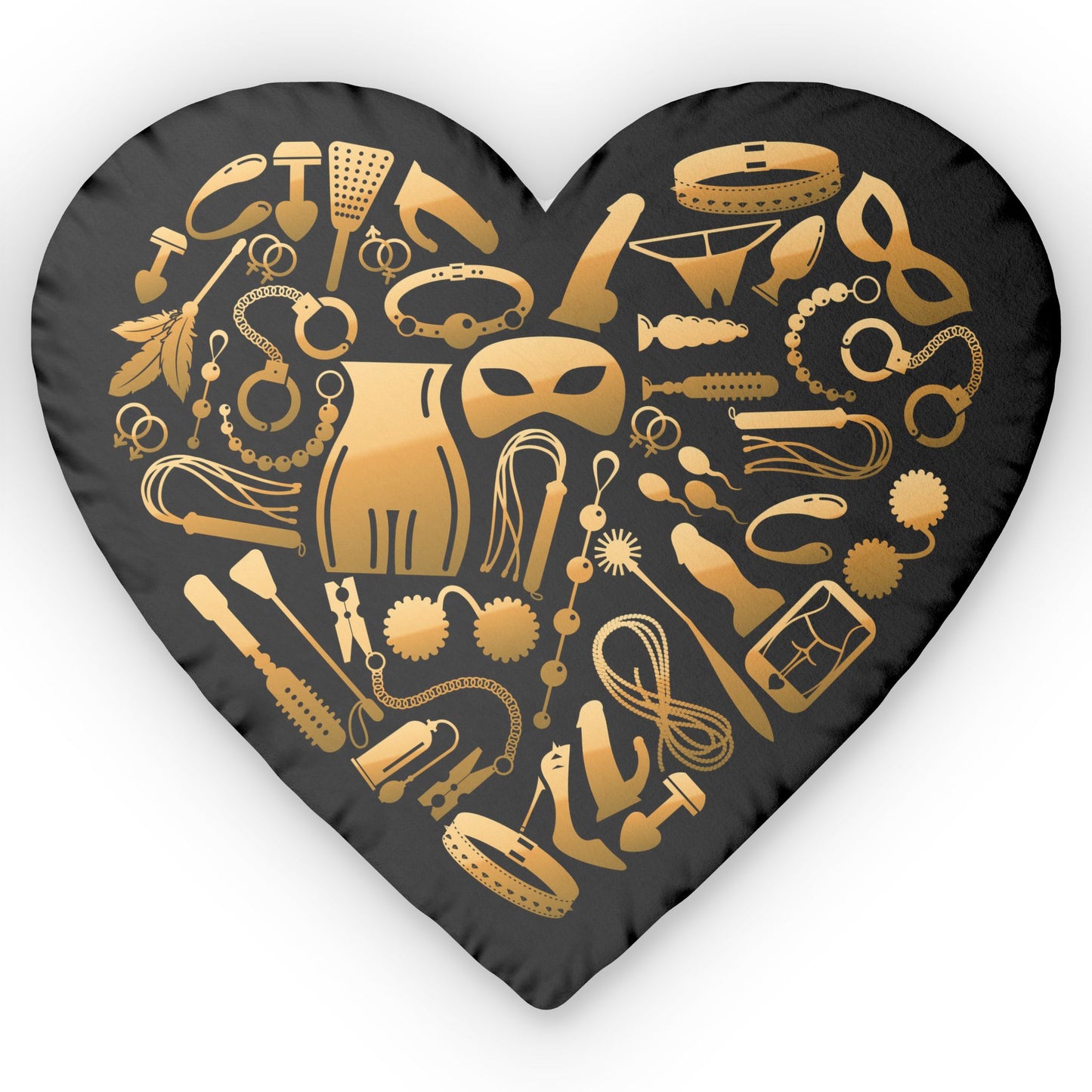 Mirrored back view of black BDSM-inspired heart pillow with sleek white zipper and plush finish