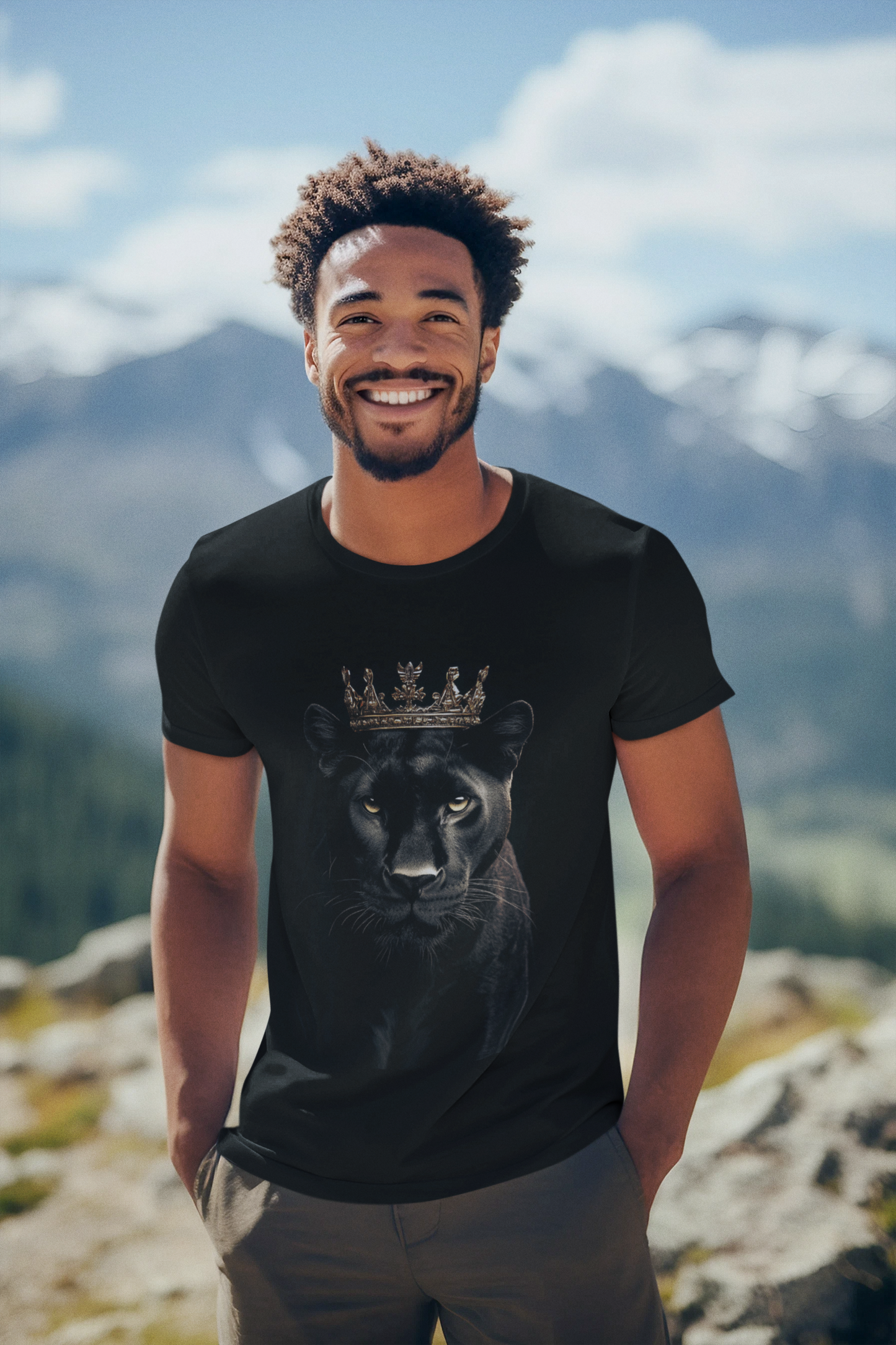 Model wearing King Panther Graphic Tee – Front View showcasing bold panther design and comfortable fit