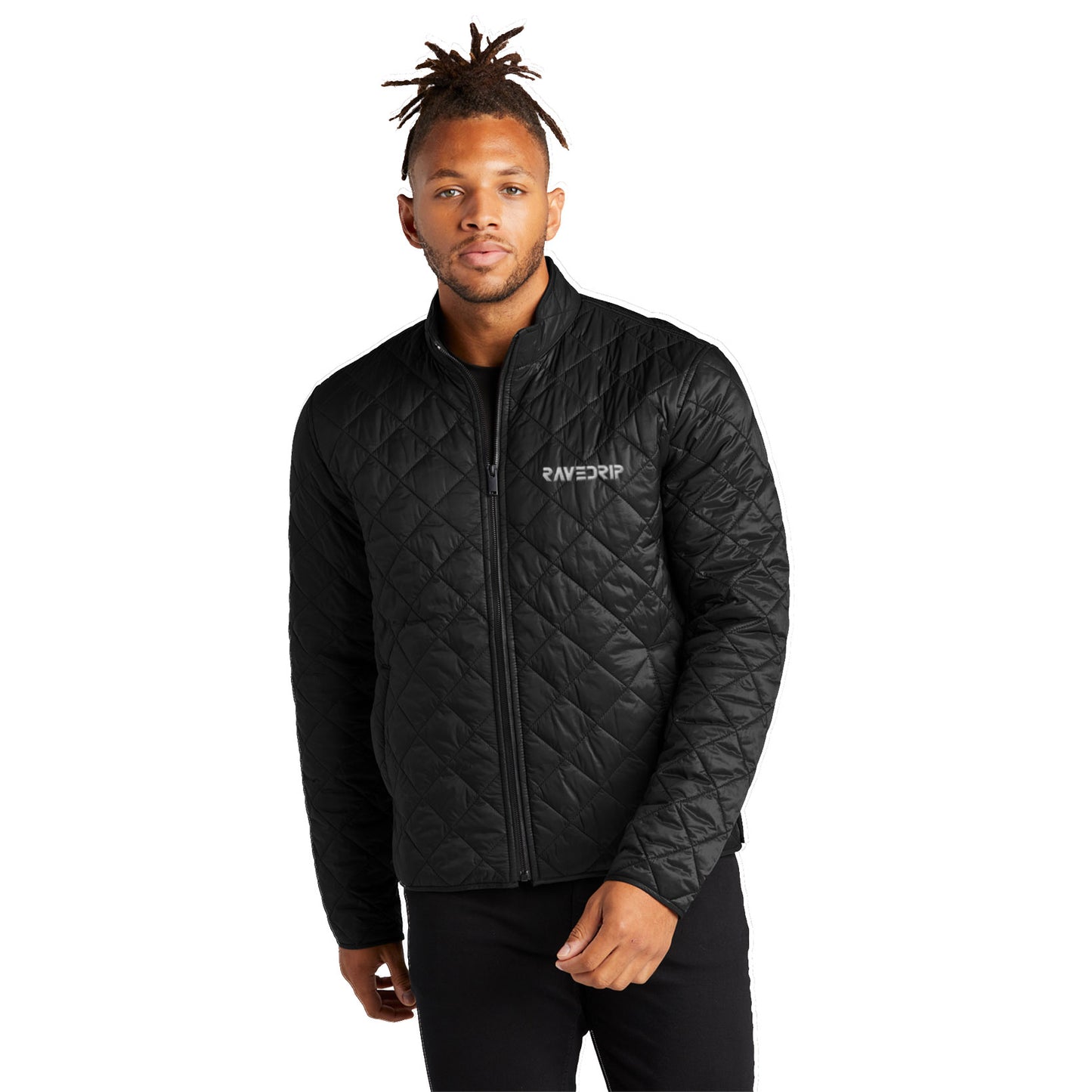 Rave Drip men’s quilted full-zip jacket with diamond stitch design, embroidered logo, and water-repellent finish, modern streetwear style.