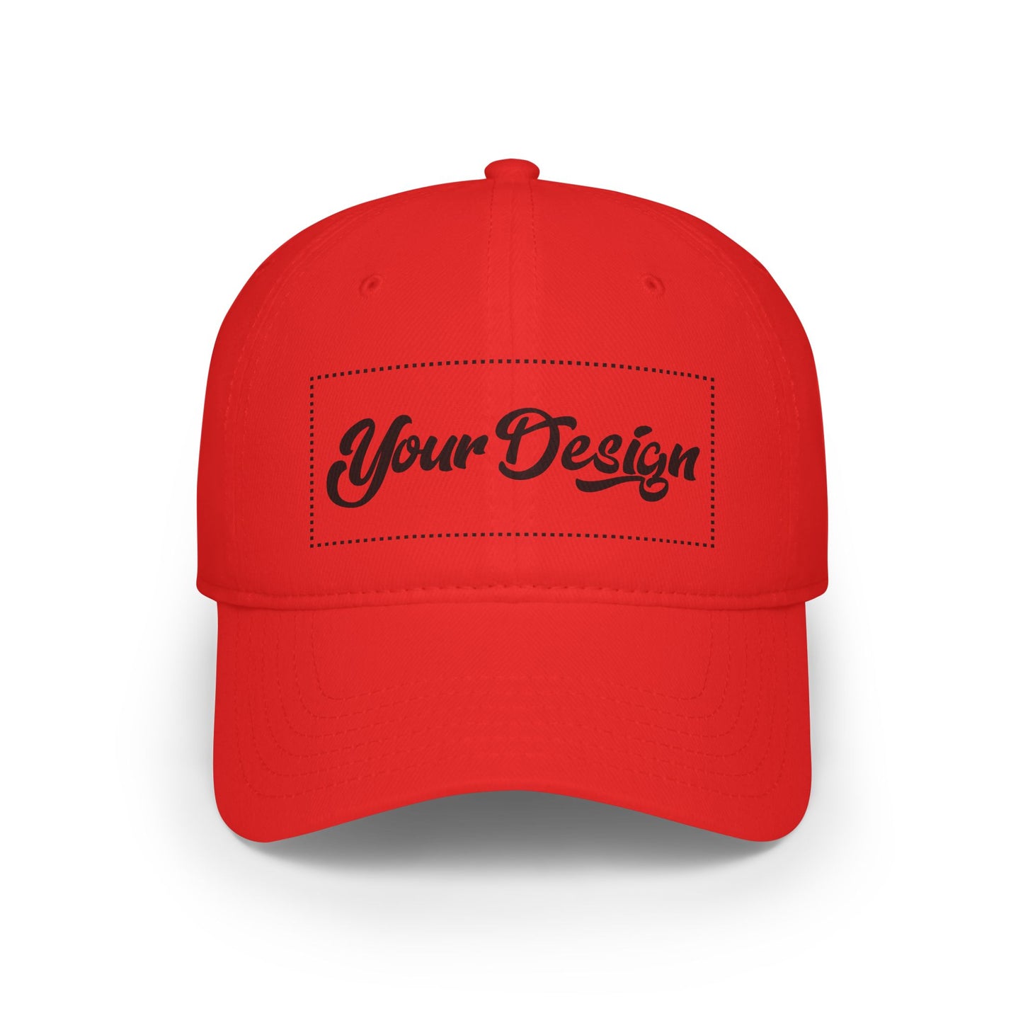 Red casual cotton hat with clear front area for custom phrase or visual, flat lay on clean backdrop.