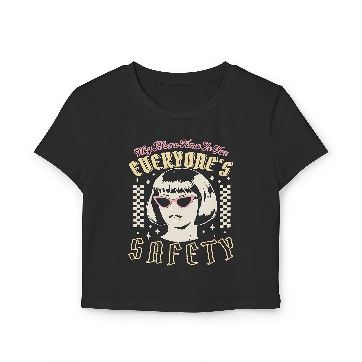 Retro Black Women's Baby Tee – 'Everyone's Safety' | Organic Cotton & Slim Fit - Front