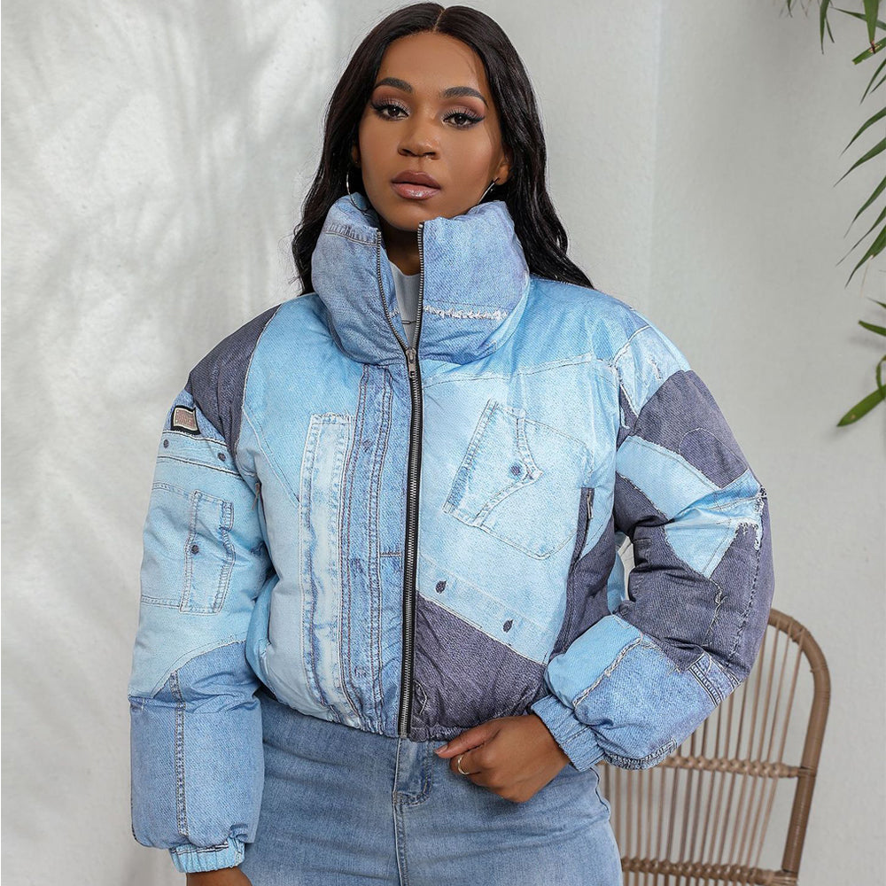 Denim Print Puffer Jacket for Women