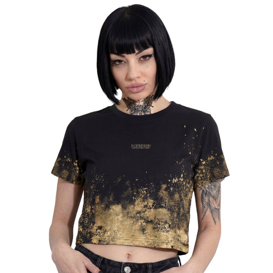 RAVEDRIP Black Crop Tee with Distressed Gold Print, Grunge Streetwear Top