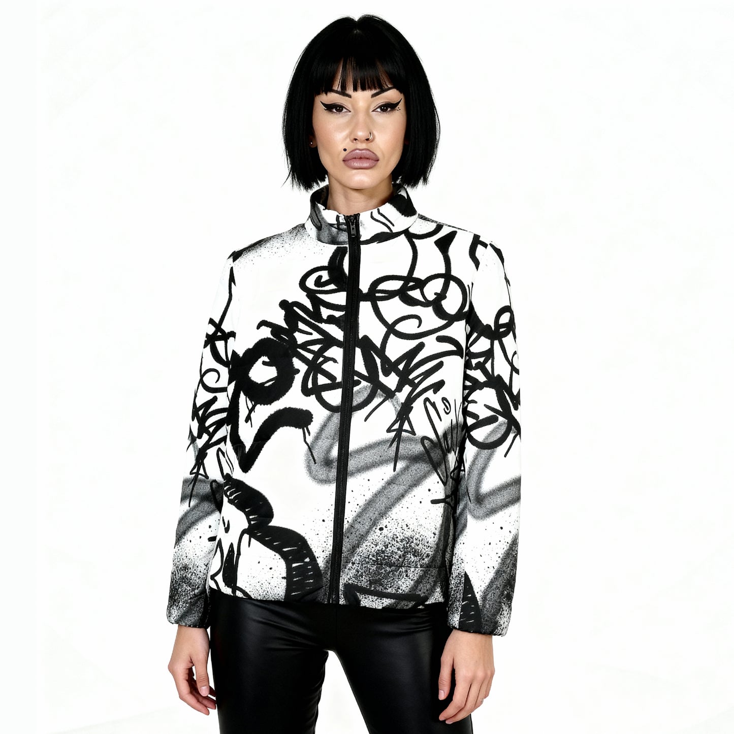 Women's White Puffer Jacket with Edgy Black Graffiti Print