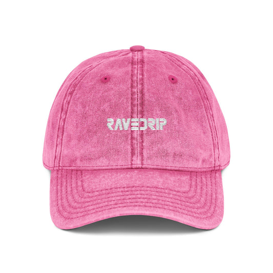 ravedrip vintage denim cap faded pink embroidered streetwear hat front view flat lay