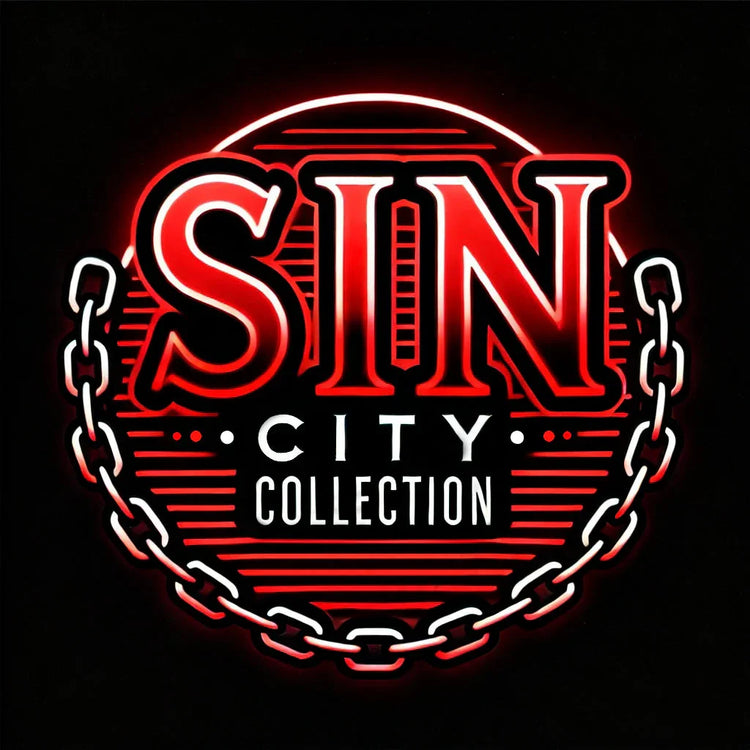 Sin City Collection logo in neon red with chain design – bold and provocative campaign banner by Rave Drip