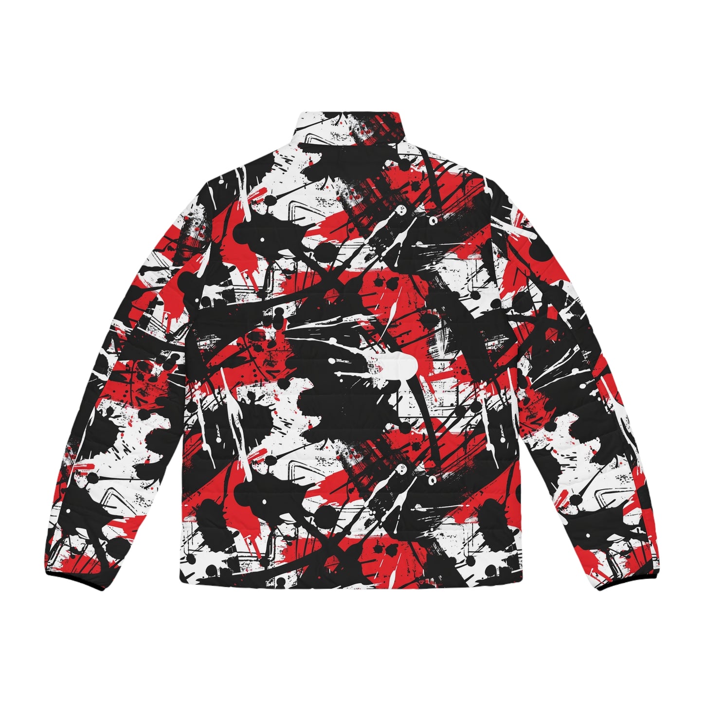 Men's Puffer Jacket with Edgy Black, Red & White Graffiti Print