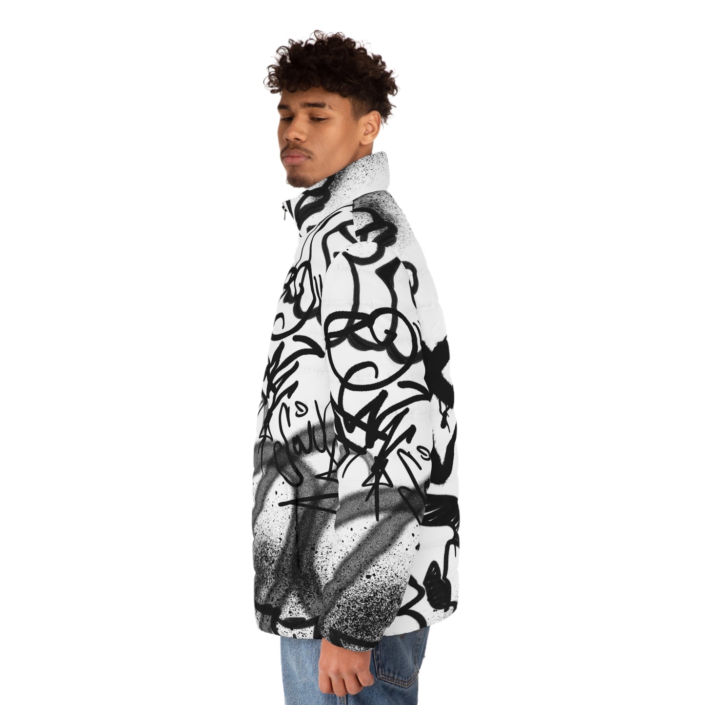 Men's White Puffer Jacket with Edgy Black Graffiti Print