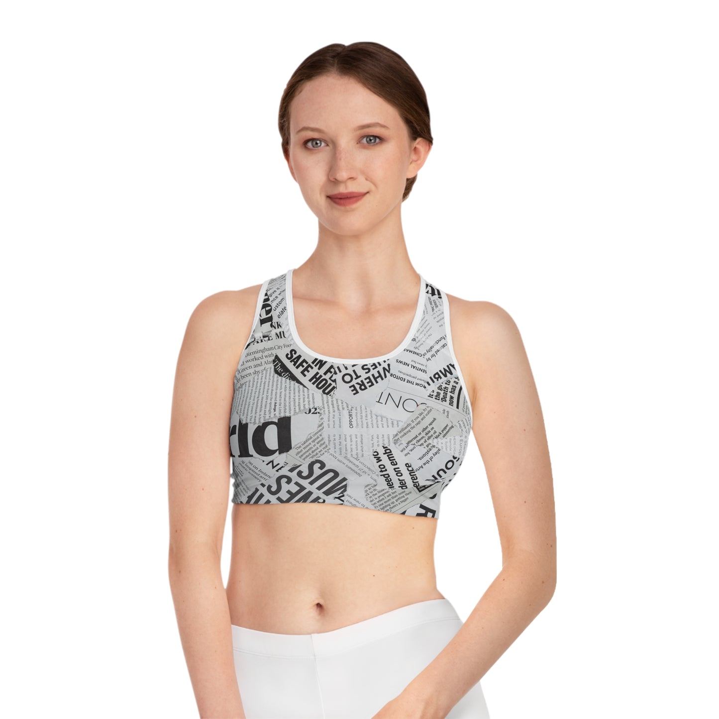 White Magazine Pattern Sports Bra