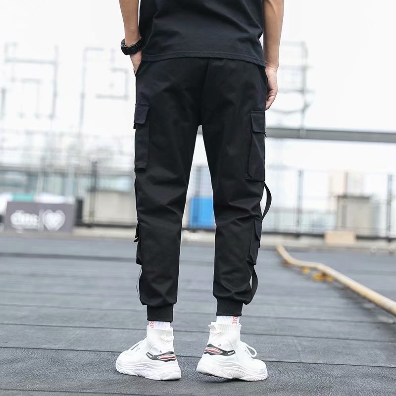 Men’s Black Techwear Cargo Pants – Functional Loose-Fit Overalls with Belt