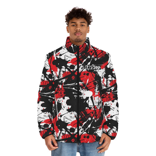 Men's Puffer Jacket with Edgy Black, Red & White Graffiti Print